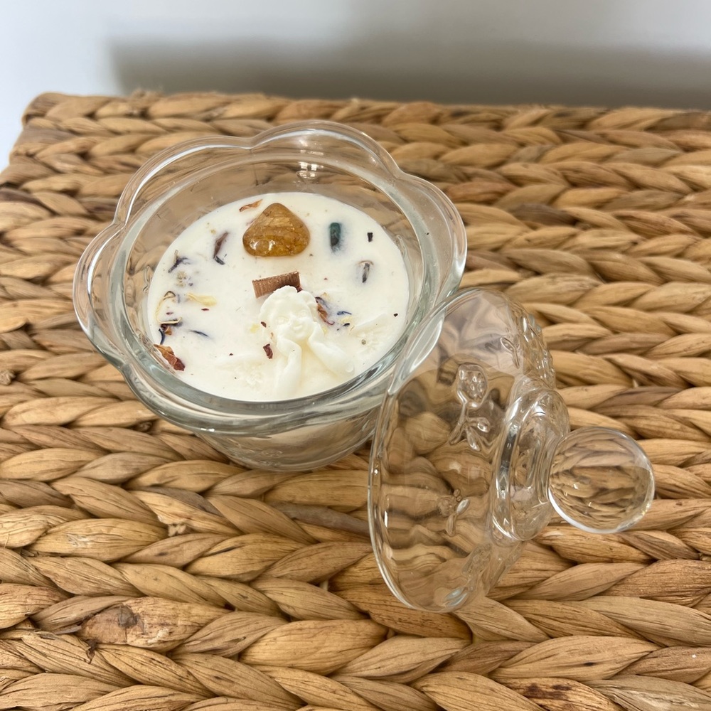 Decorative Candle with Citrine Gemstone, Dried Flowers and Wax Person Accent